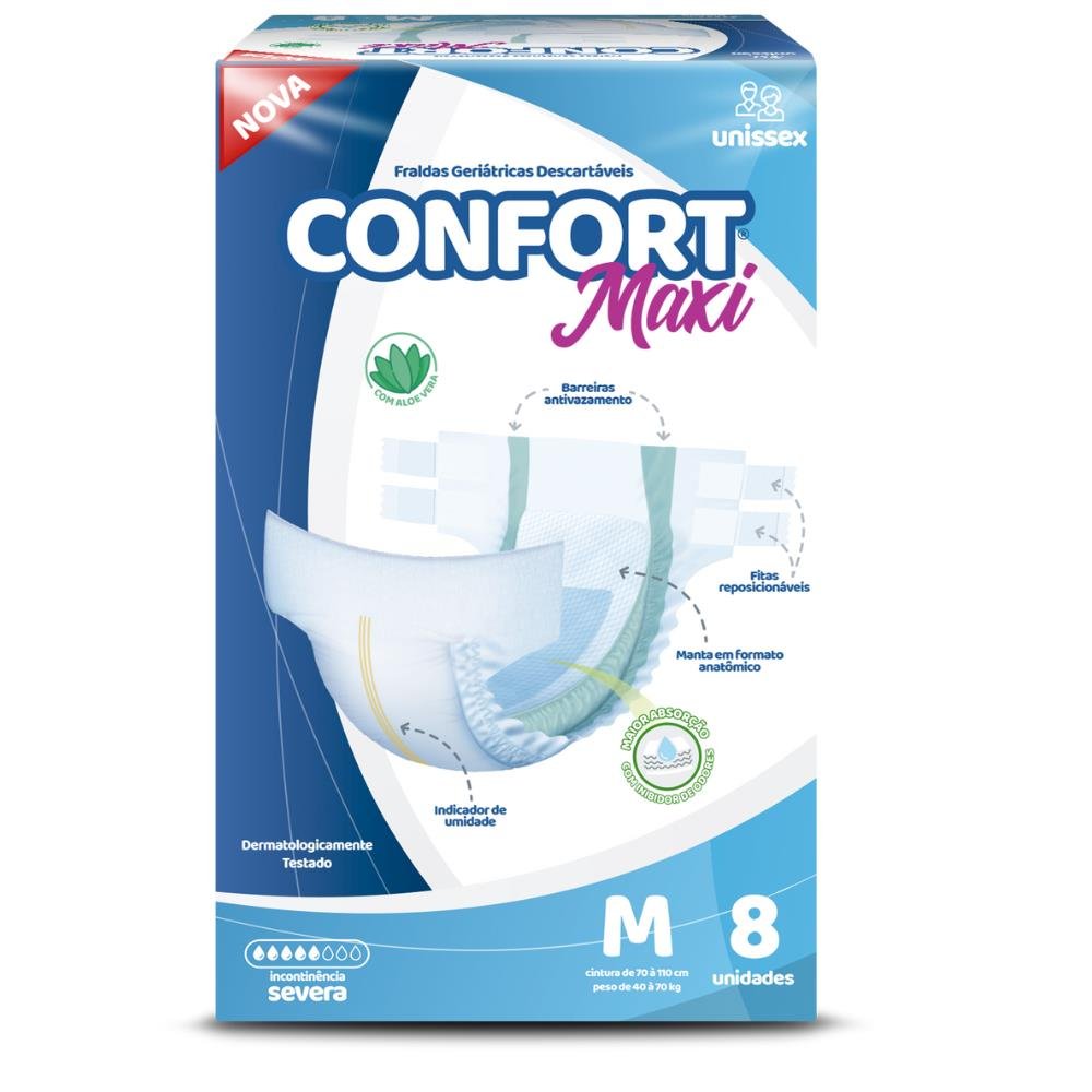 Fralda Geriátrica Confort Maxi Tamanho M - 8 Pacotes com 8 Fraldas - Total 64 Tiras