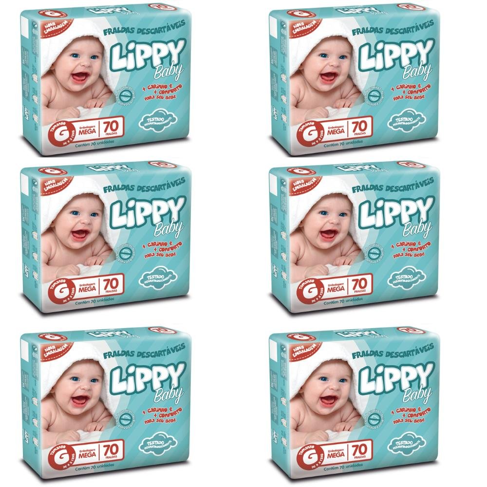 Fralda Infantil Lippy Baby Pacote Mega Tamanho G - 6 Pacotes com 70 Fraldas - 420 Tiras