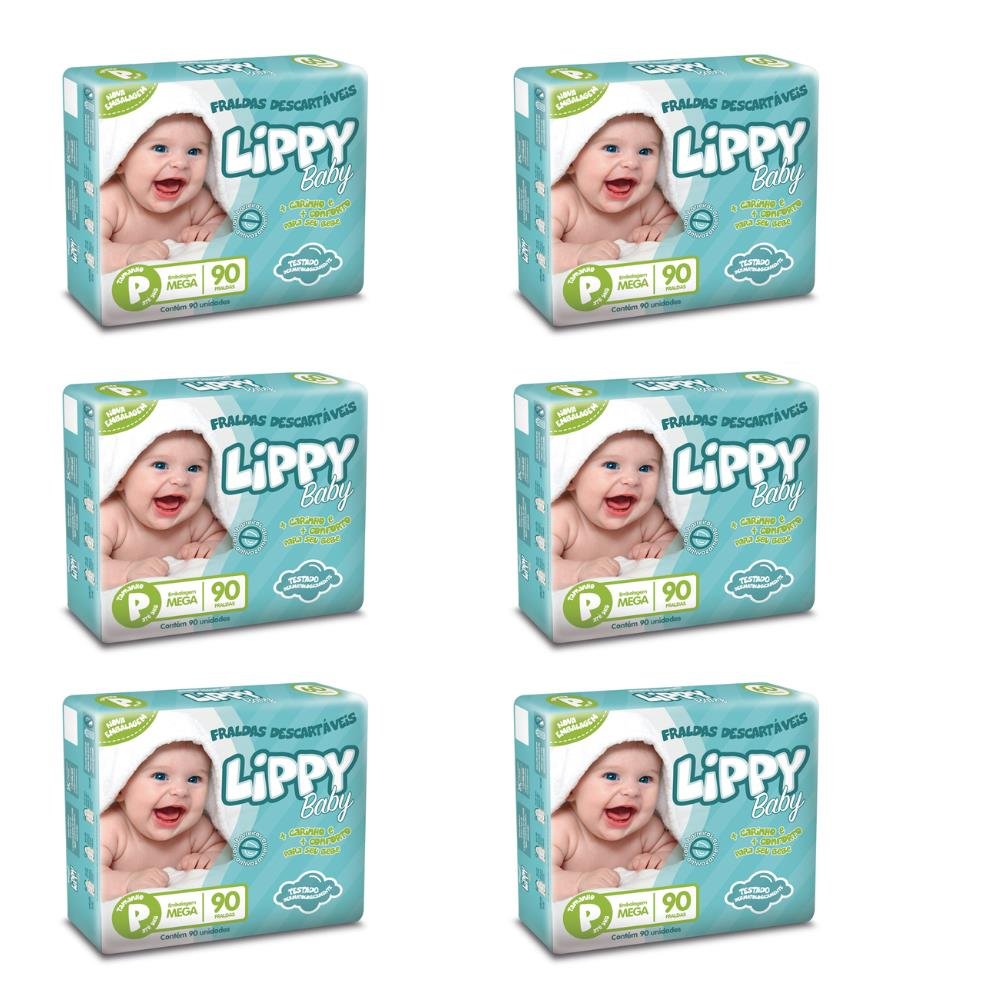 Fralda Infantil Lippy Baby Pacote Mega Tamanho P - 6 Pacotes com 90 Fraldas - 540 Tiras