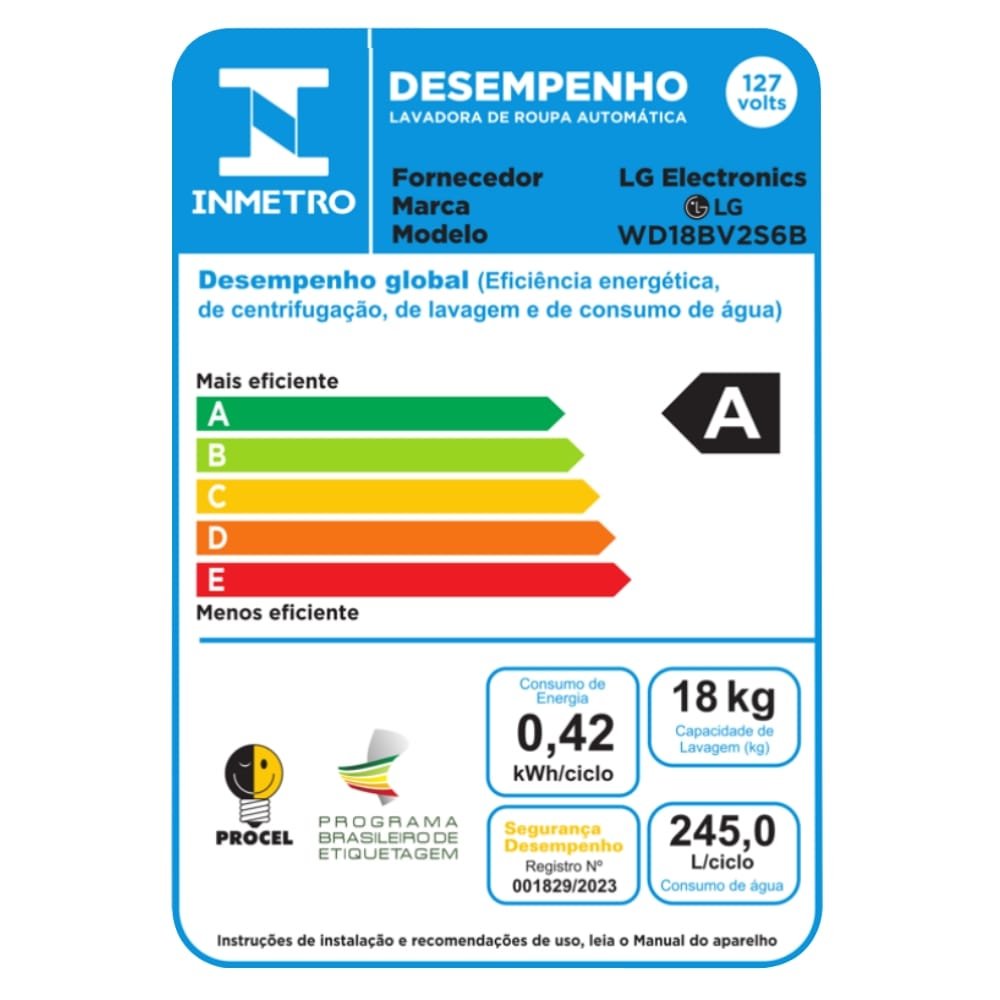 Lavadora e Secadora LG Smart WD18BV2S6B - Lava 18Kg, Seca 10Kg, Preto Inox, 110V