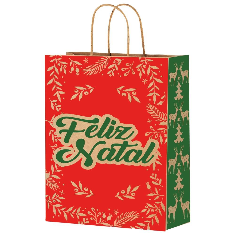 Sacola De Papel P 28X18X9 Feliz Natal Verde - Embalagem com 25 unidades.