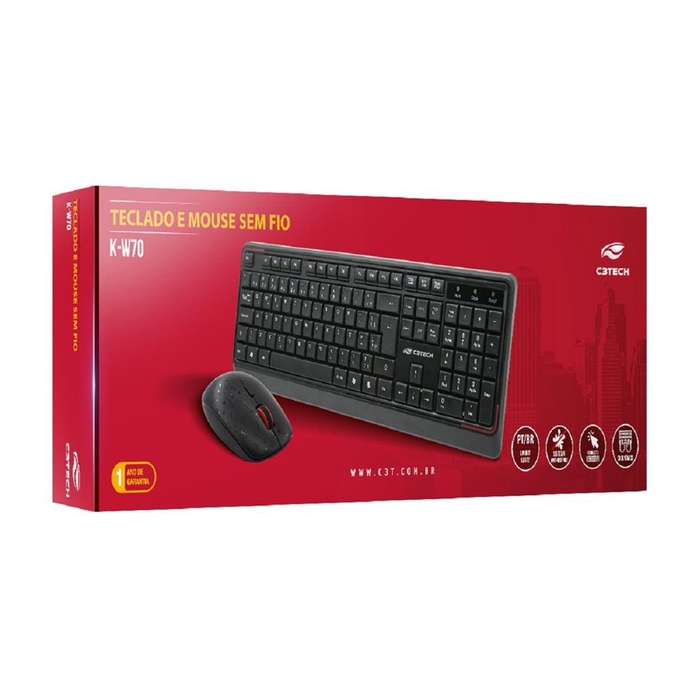 Kit Teclado e Mouse C3Tech, Wireless ABNT2 Perfil Baixo 1600DPI 4 Botões, Preto - K-W70BK