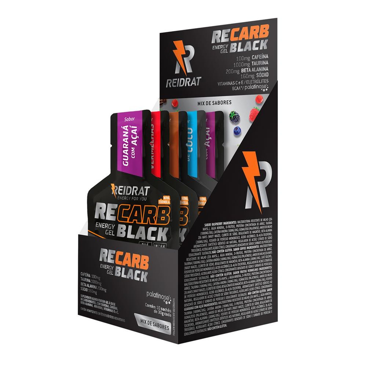 Recarb Energy Gel Black (Display 10 Sachês 30G) - Mix De Sabores