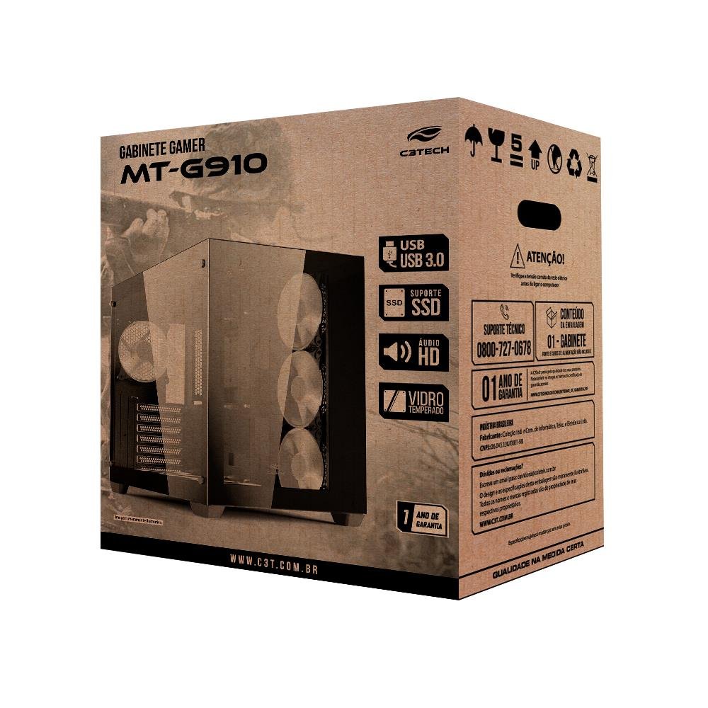 Gabinete Gamer C3tech Aquarius, Mid Tower, Vidro Temperado, Atx, Black, Sem Fonte, Sem Fan