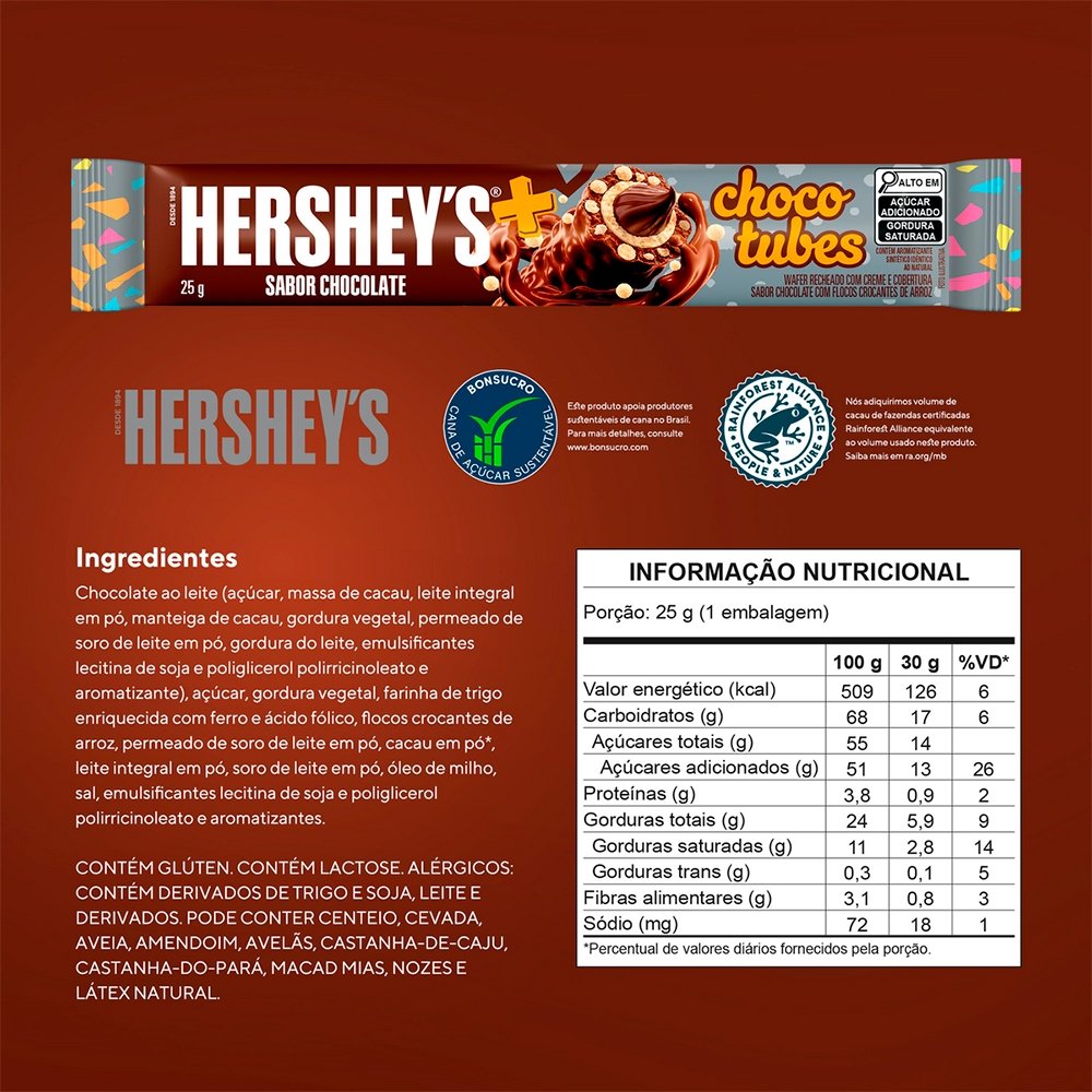 Chocolate Hershey's Chocotubes Ao Leite 25 g - Embalagem com 15 Unidades