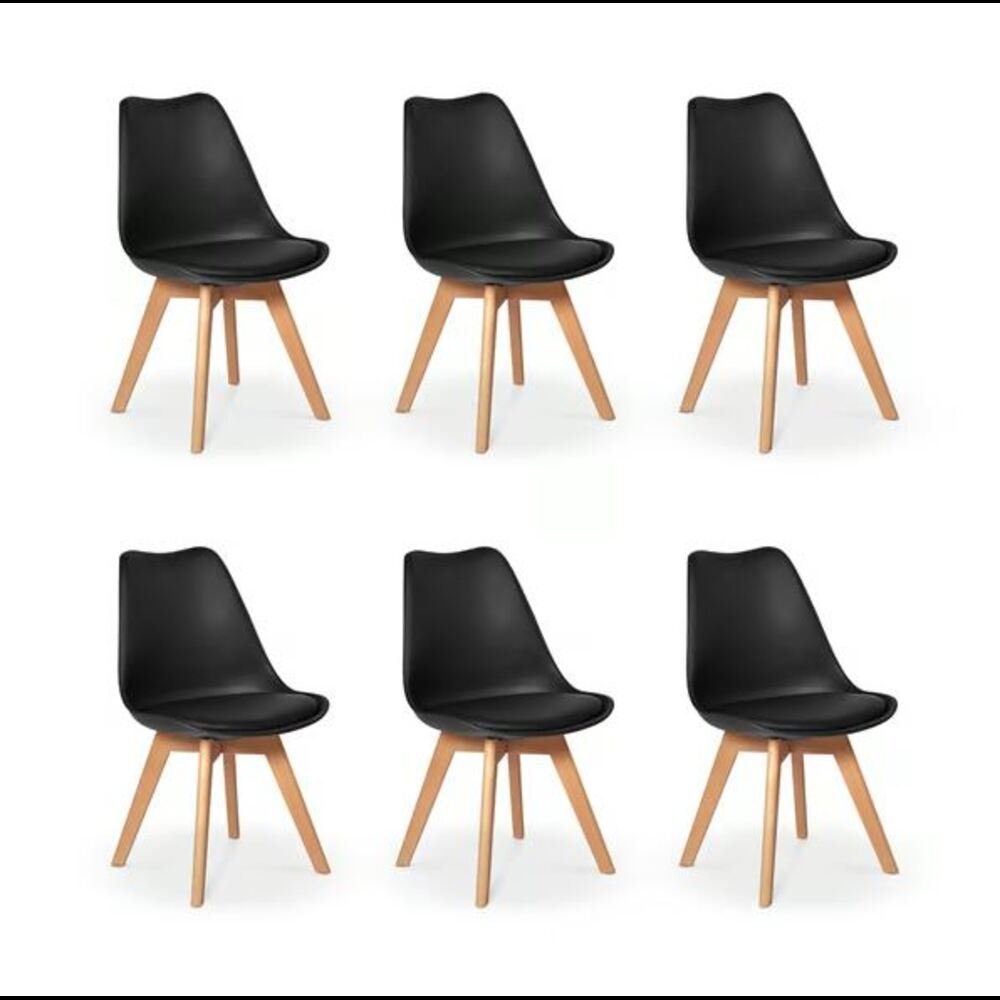 Kit c/6 cadeiras Leda ¿ Charles Eames, Saarinen Wood com almofada preta