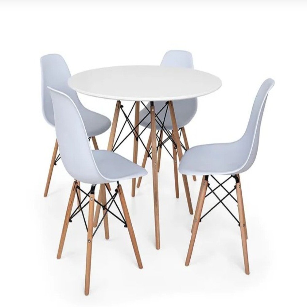 Conjunto de Mesa de Jantar Eames Eiffel Redonda 90cm Tampo de Madeira Branco com 4 Cadeiras Brancas