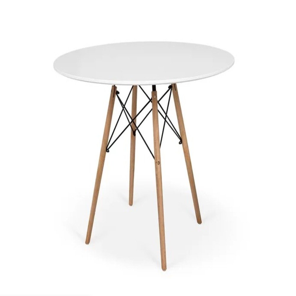 Conjunto de Mesa de Jantar Eames Eiffel Redonda 90cm Tampo de Madeira Branco com 4 Cadeiras Brancas
