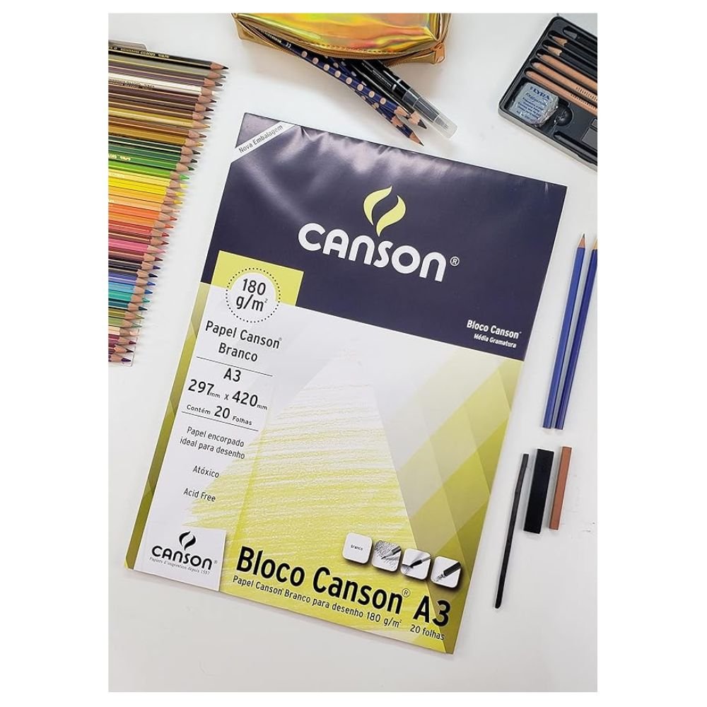 Bloco Desenho Canson 180 Gramas A3 Estudante Branco 20 Folhas - 66667165