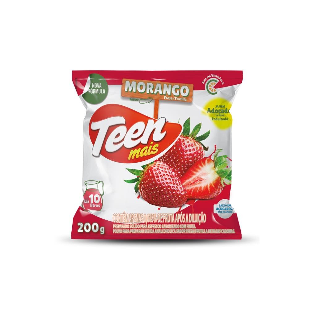 Refresco Em Po Teen Mais 200 G- Rendimento 10 litros- Morango