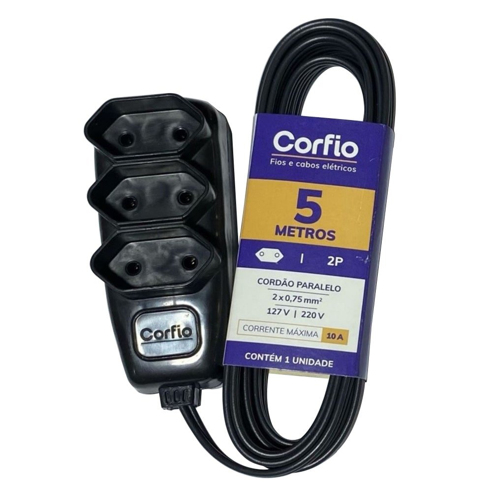 Extensão Corfihome Corfio 2P 10A preto 3 tomadas 5m