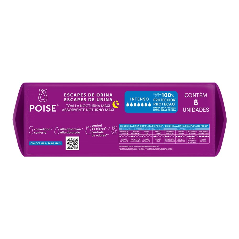 Absorvente Poise Noturno sem Abas para Escape de Urina - Embalagem com 8 Unidades