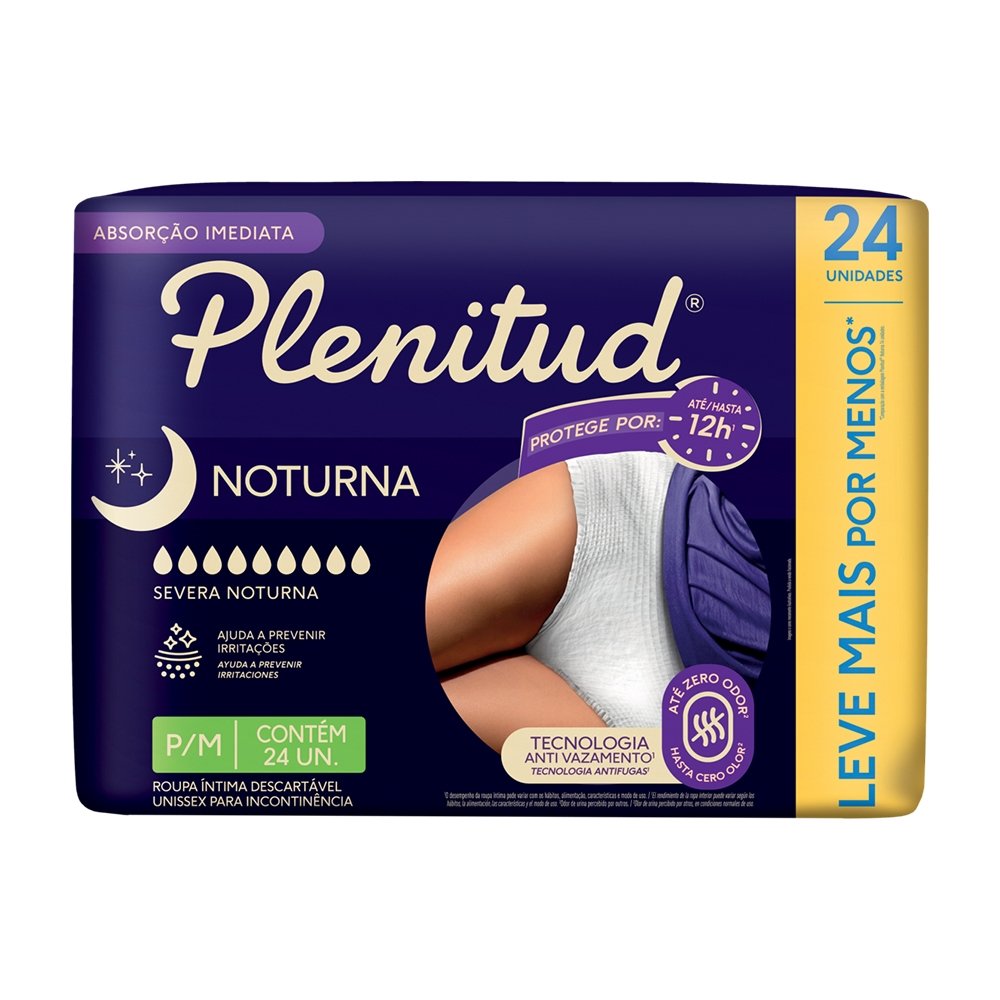 Fralda Descartável Plenitud Noturna P/M Roupa Íntima - 2 Pacotes com 24 Fraldas - Total 48 Tiras