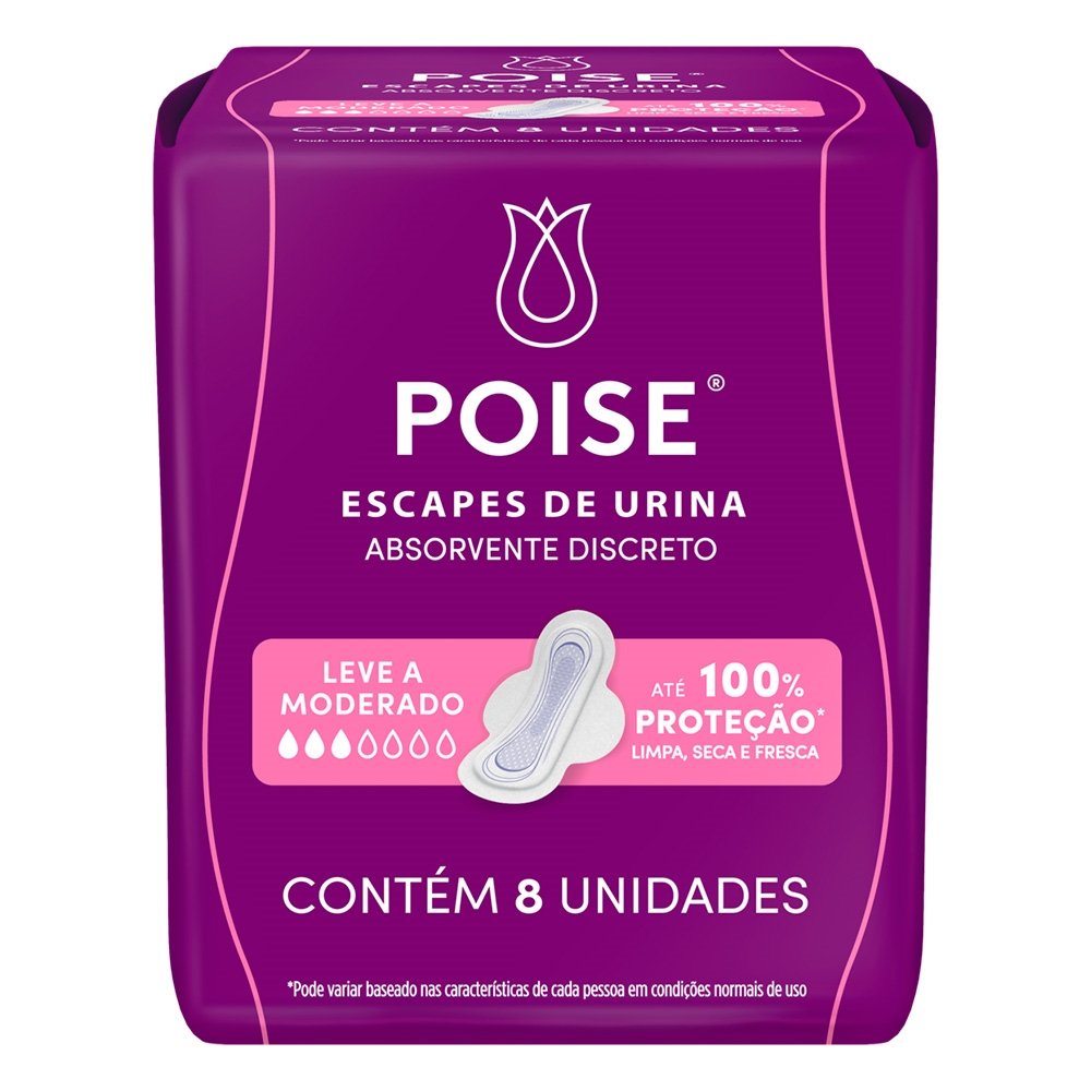 Absorvente Poise Discreto com Abas para Escape de Urina - Embalagem com 8 Unidades