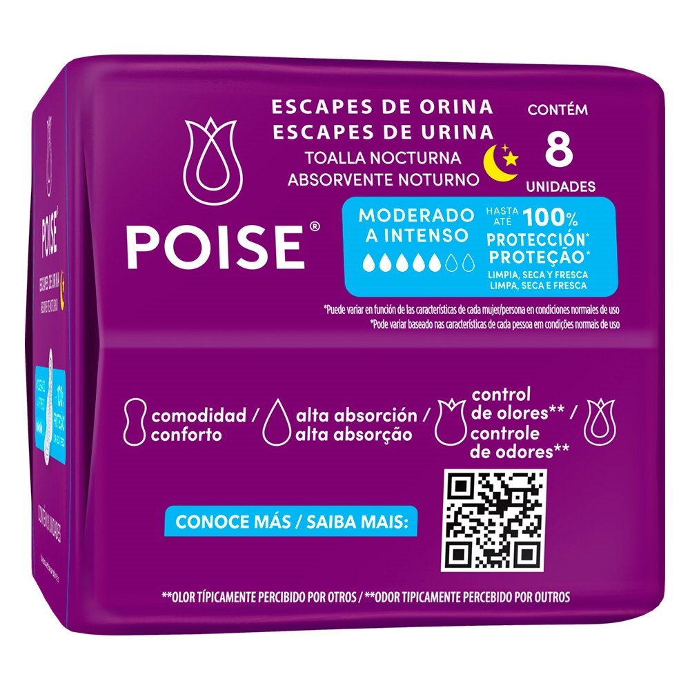 Absorvente Poise Noturno com Abas para Escape de Urina - Embalagem com 8 Unidades
