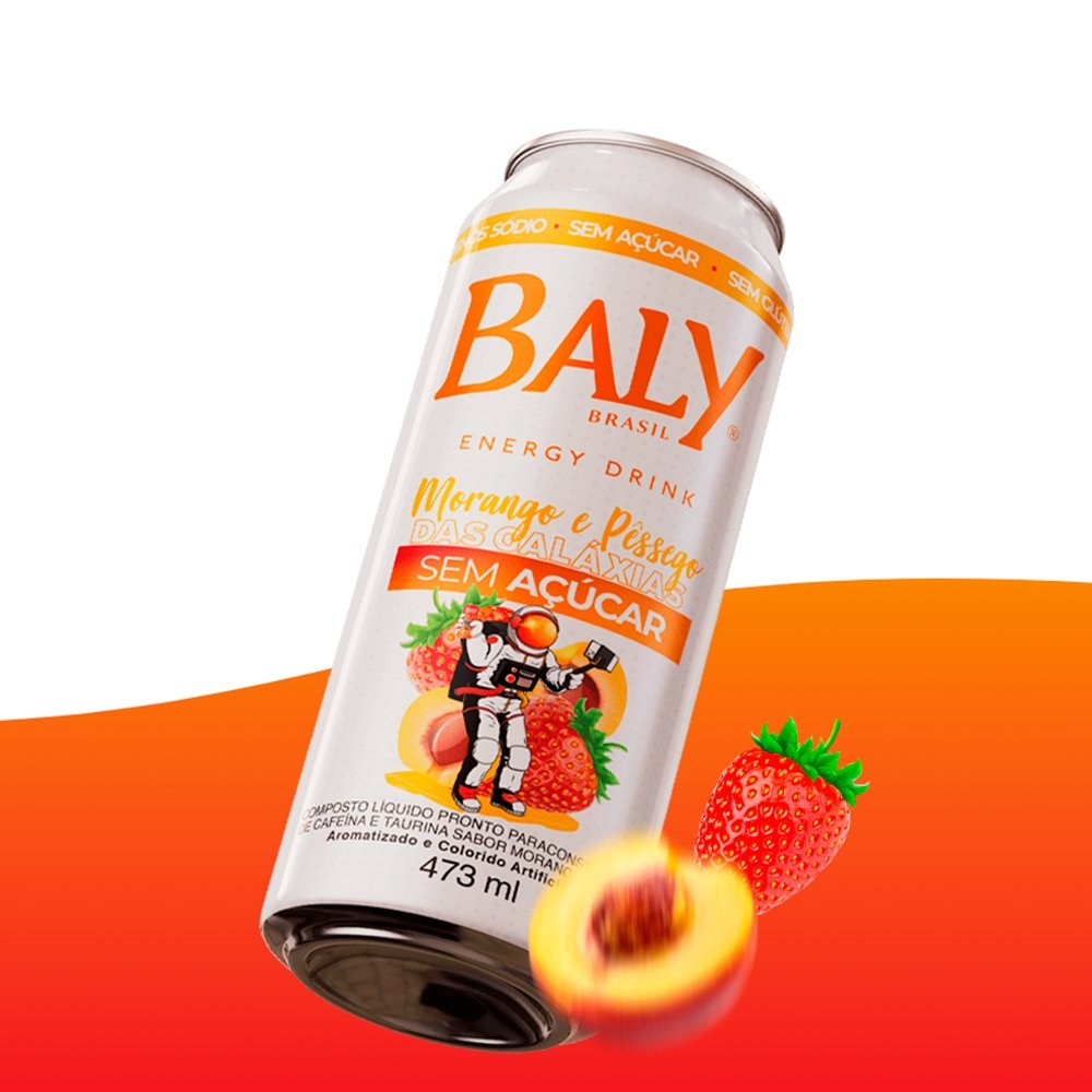 Energético Baly Morango e Pêssego 473ml - Embalagem com 6 Unidades