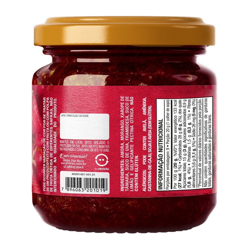 Geleia 100% Frutas Vermelhas 180G Caixa Com 08 Unidades