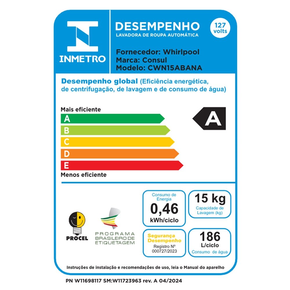 Lavadora Automática Consul 15 Kg CWN15AB - 620W, Branca, 110V