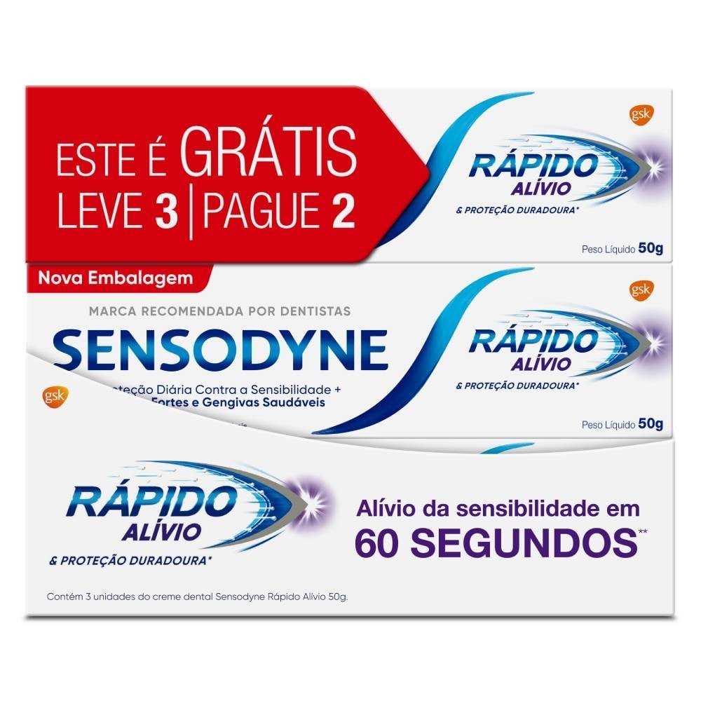 Creme Dental Sensodyne Rápido Alívio 50g Embalagem com 3 Unidades