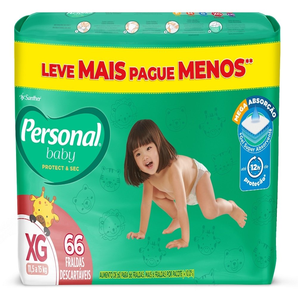 Fralda Descartável Personal Giga Tamanho XG - 4 Embalagem com 66 Unidades - Total de 264 Tiras