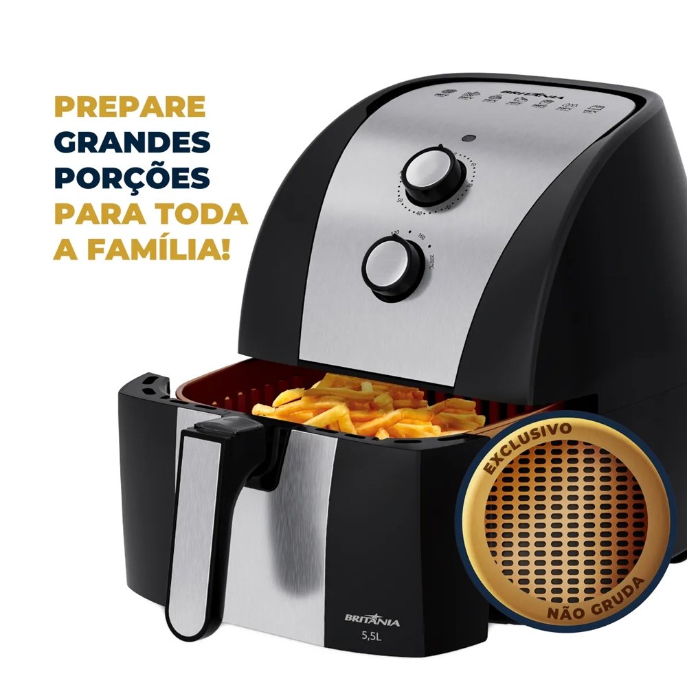 Fritadeira Air Fryer Britânia BFR51 - 1500W, Gold, 5,5 Litros, Preto/Inox, 220V