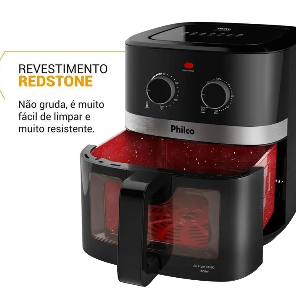 Fritadeira Air Fryer Philco PAF90 - 1800W, 9 Litros, Redstone, Preto, 220V