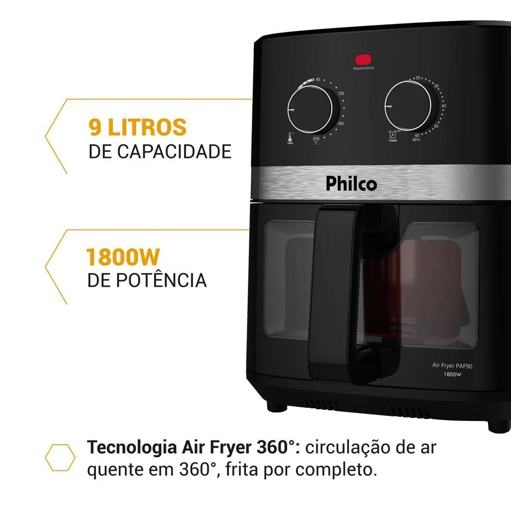 Fritadeira Air Fryer Philco PAF90 - 1800W, 9 Litros, Redstone, Preto, 220V