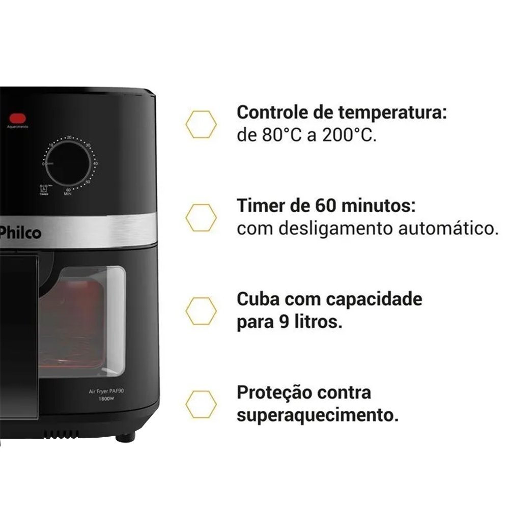 Fritadeira Air Fryer Philco PAF90 - 1800W, 9 Litros, Redstone, Preto, 220V