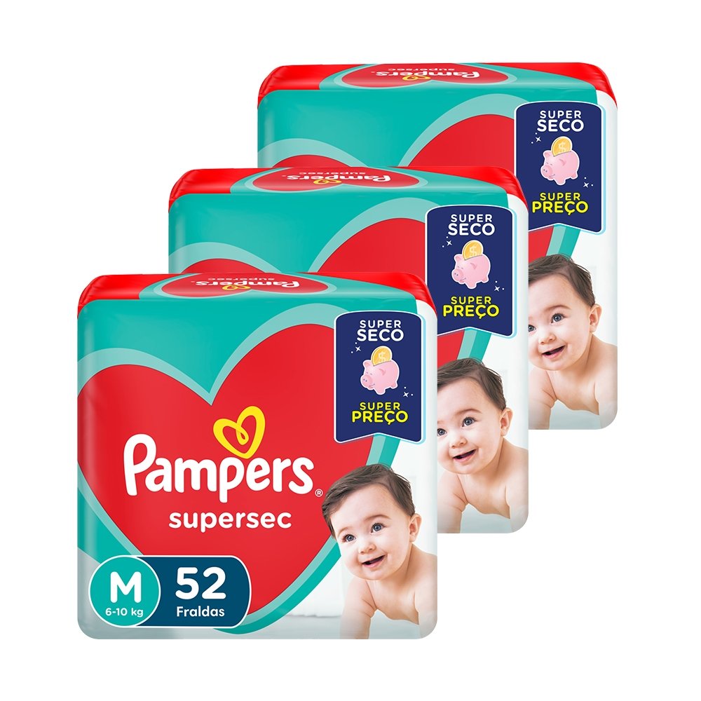 Fralda Descartável Pampers Supersec M - 3 Embalagens com 52 Unidades - Total 156 Tiras