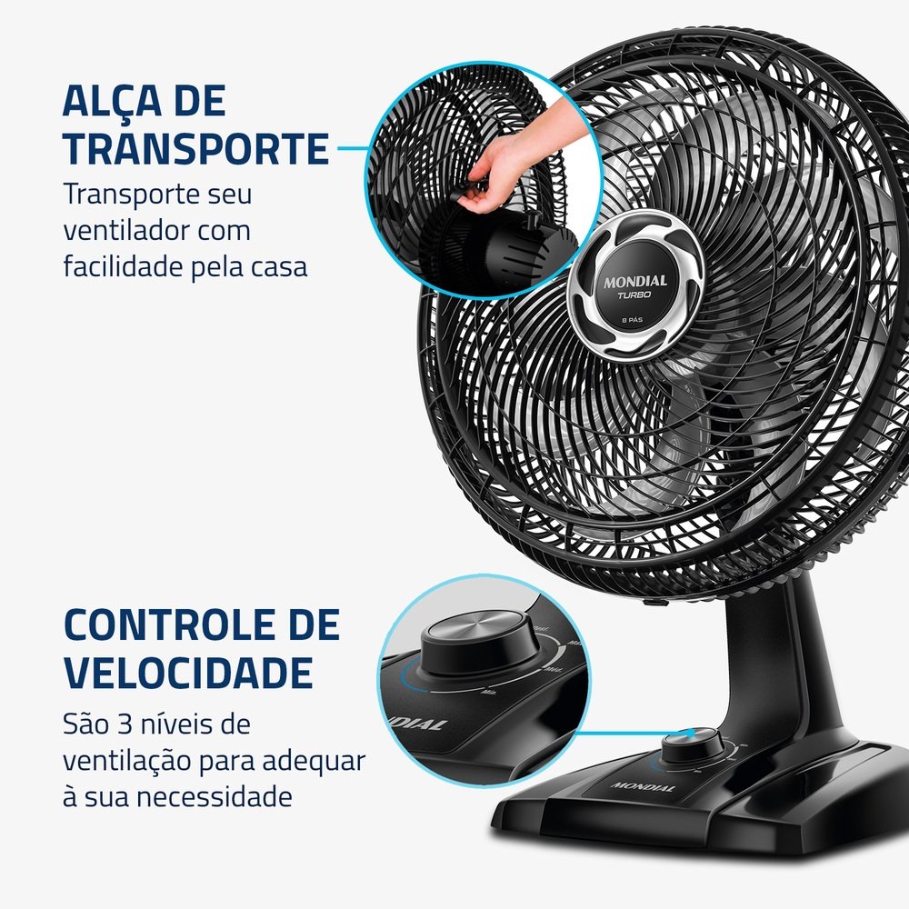 Ventilador De Mesa Mondial NVT-40 Bravo Turbo Force | 40cm, 8 Pás, 140W, Preto, 110V