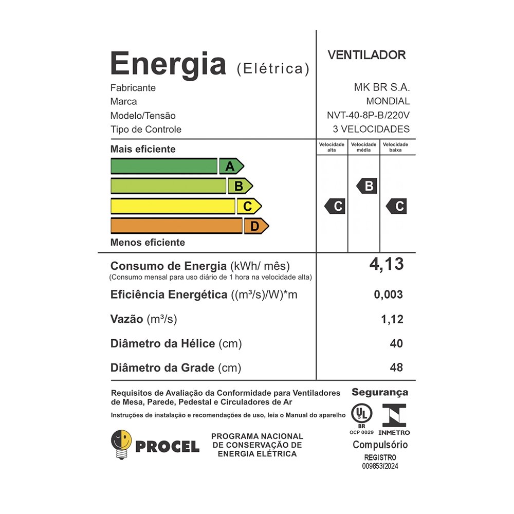 Ventilador De Mesa Mondial NVT-40 Bravo Turbo Force | 40cm, 8 Pás, 140W, Preto, 220V