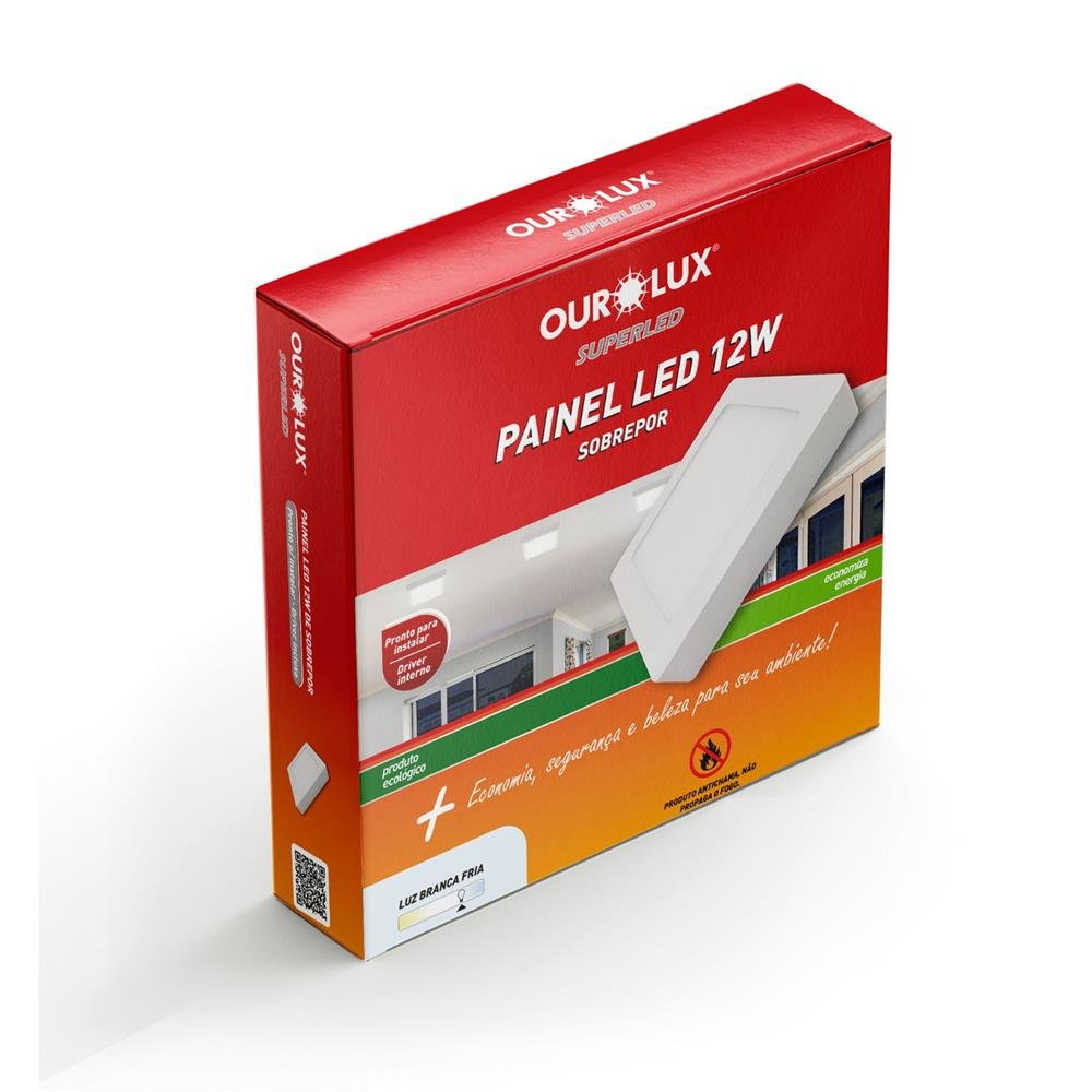 Painel Led Super Eco Sobrepor Branco 12w Bivolt 6500k Quadrado