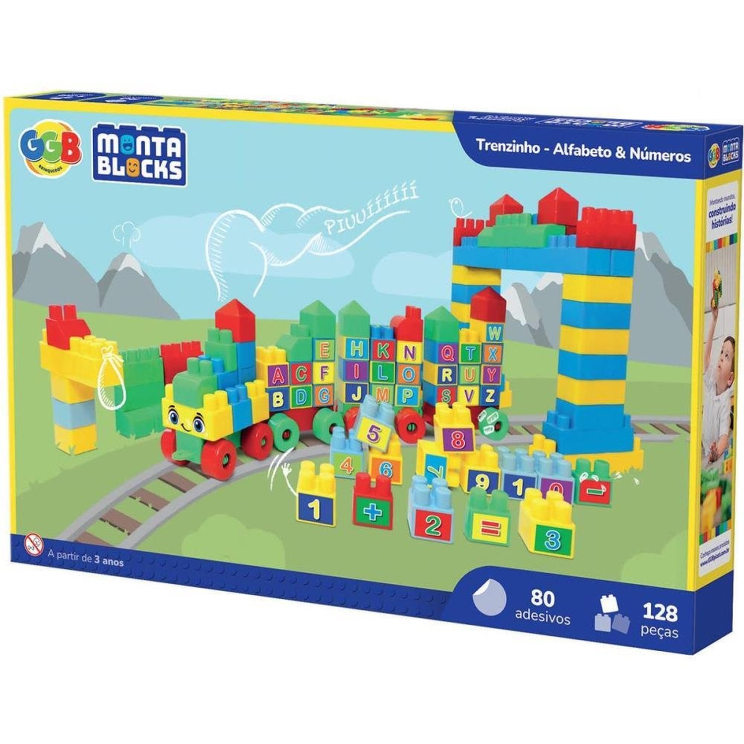 Brinquedo De Montar Trenzinho Alfabeto E Números - 128 Peças Com 80 Adesivos