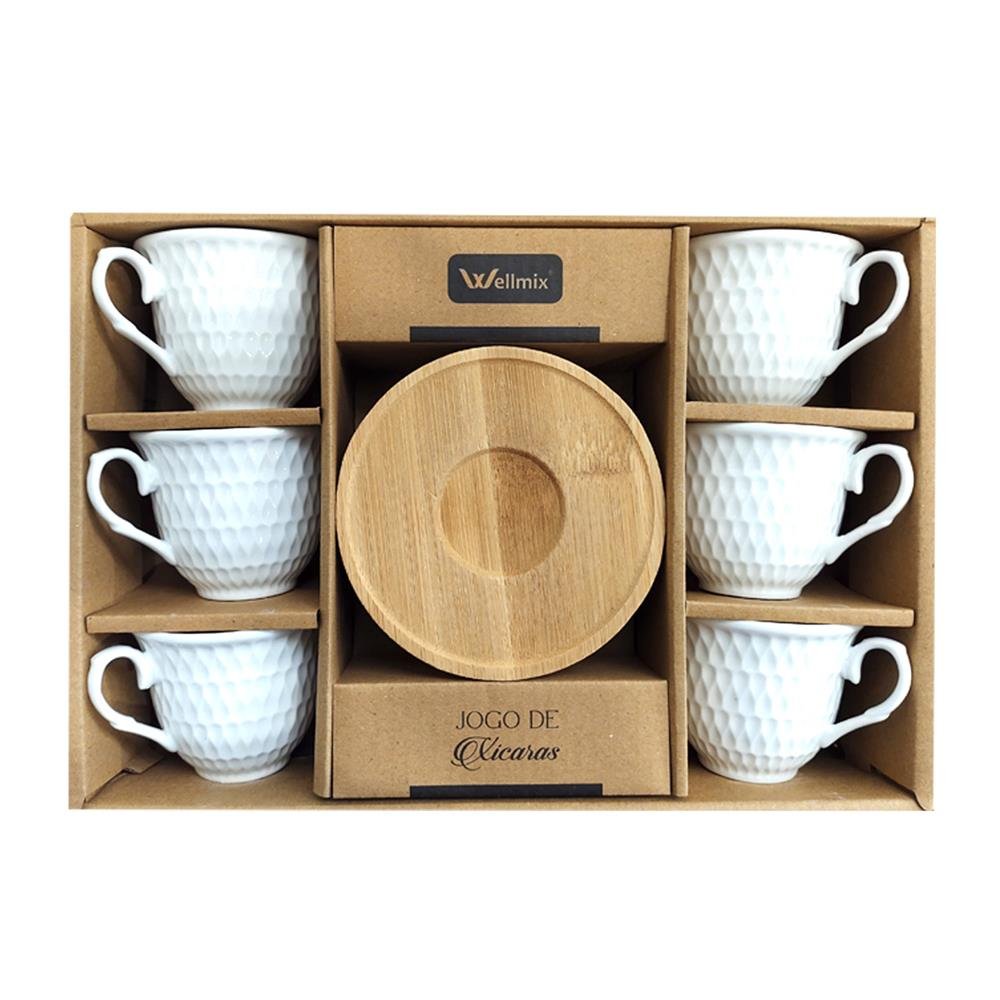 Jogo De Xicara Ceramica Com Pires Em Bambu Havana Wellmix Palacios 90Ml Com 6 Pecas Ref Wx13666