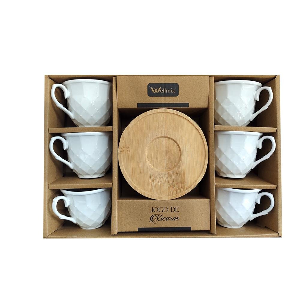 Jogo De Xicara Ceramica Com Pires Em Bambu Havana Wellmix Hueso 90Ml Com 6 Pecas Ref Wx13667