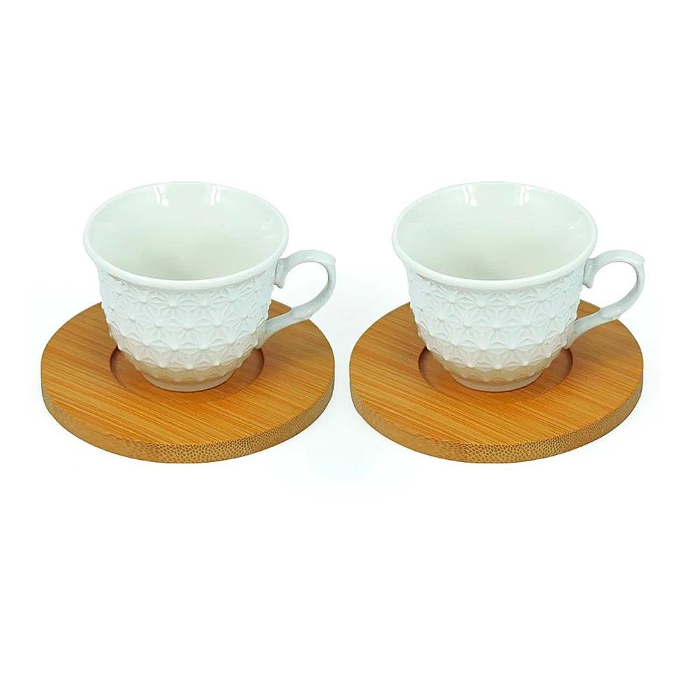Jogo De Xicara Ceramica Com Pires Em Bambu Havana Wellmix Hueso 90Ml Com 6 Pecas Ref Wx13667