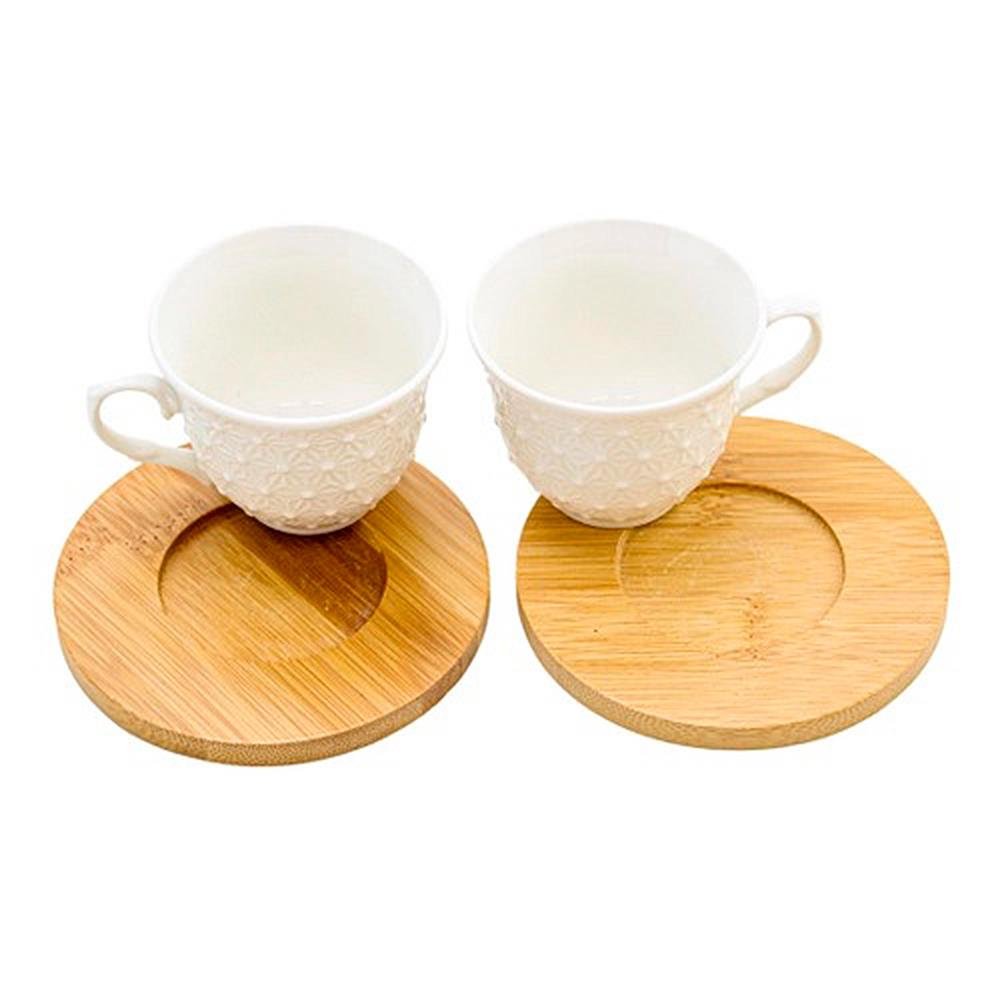 Jogo De Xicara Ceramica Com Pires Em Bambu Havana Wellmix Hueso 90Ml Com 6 Pecas Ref Wx13667