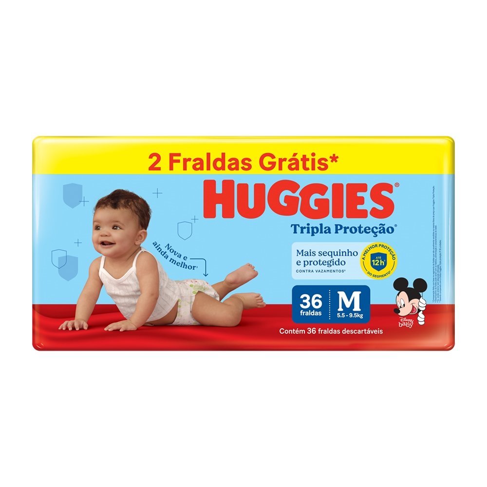 Fralda Descartável Huggies Tripla Proteção Mega Tamanho M - 6 Pacotes com 36 Fraldas - Total 216 Tiras - Leve 2 Tiras