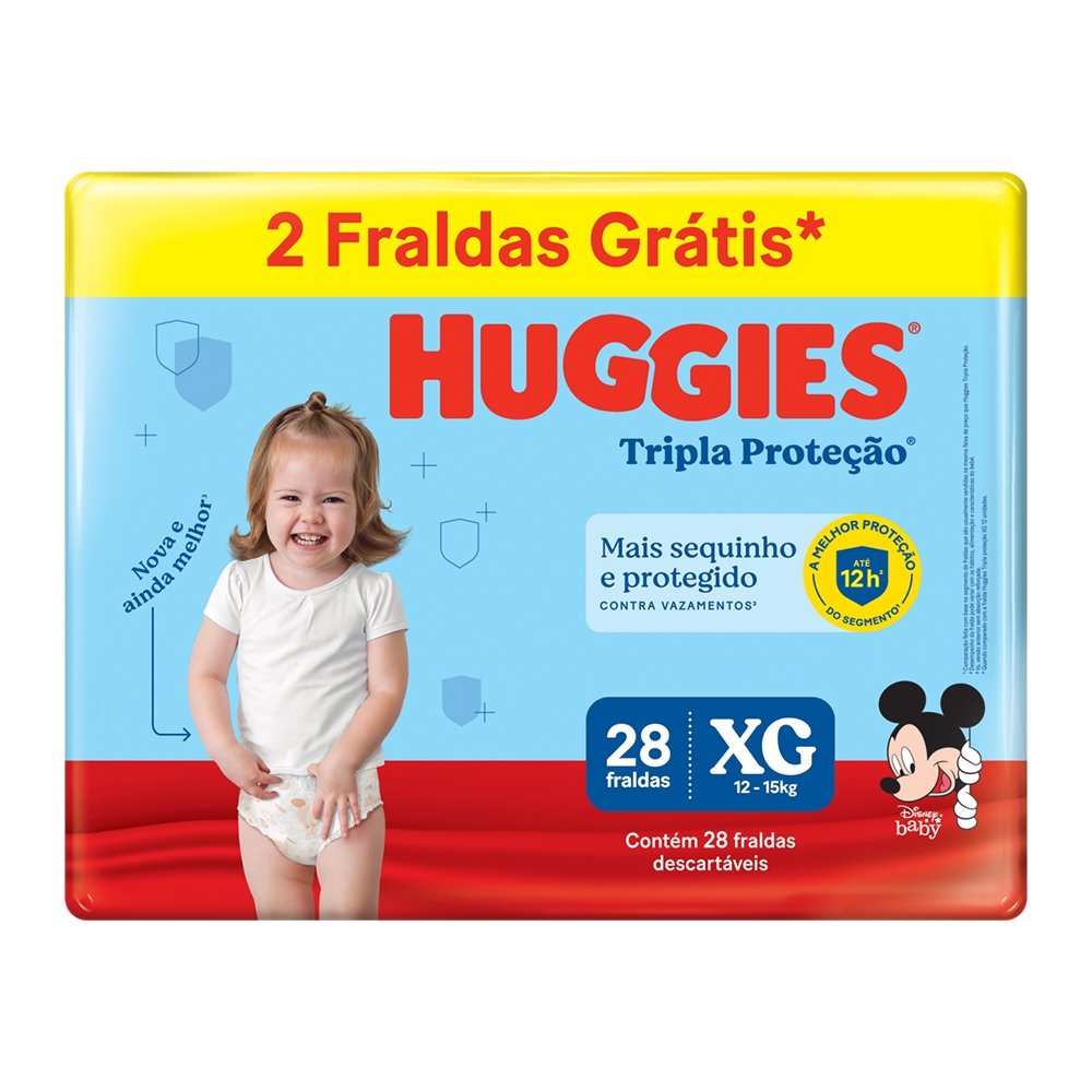 Fralda Descartável Huggies Tripla Proteção Mega Tamanho XG - 9 Pacotes com 28 Fraldas - Total 252 Tiras - Leve 2 Tiras