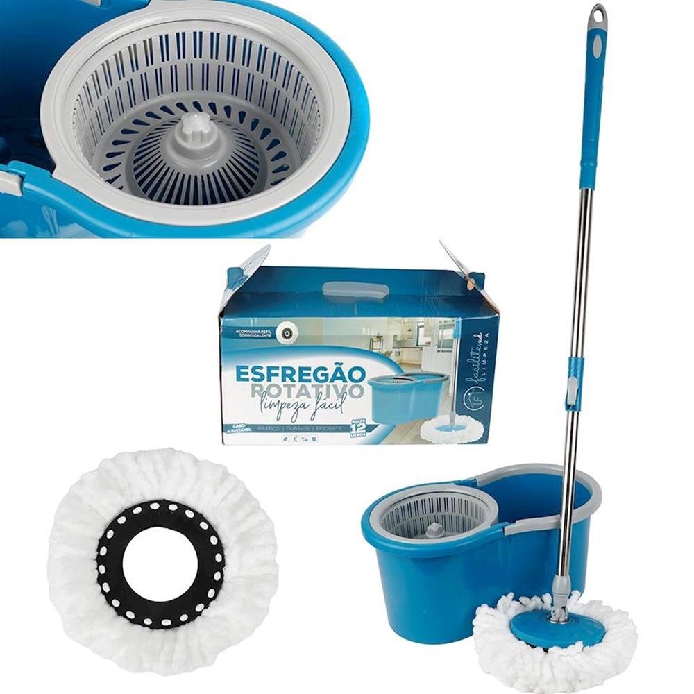 Esfregão Mop 123Cm Balde Centrifuga Inox/Plástico c/ Refil Profissional 360