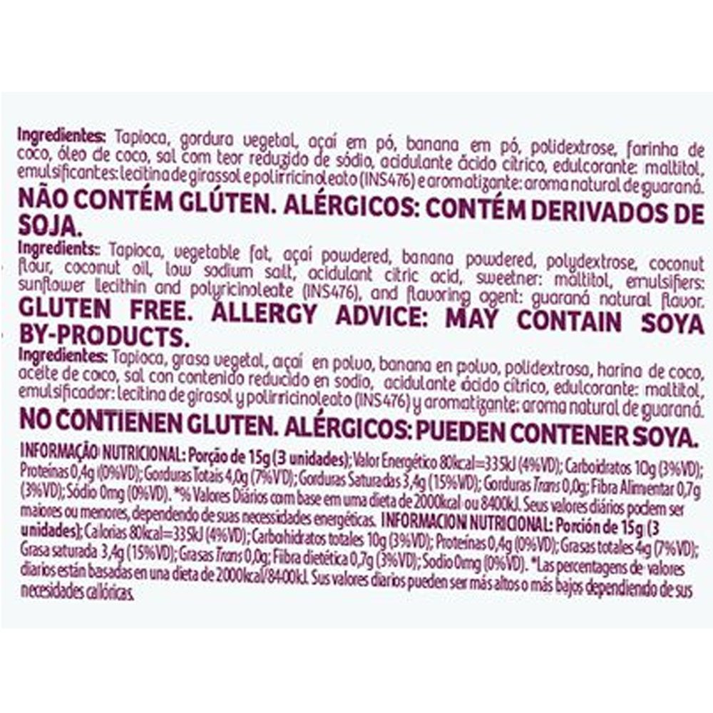 Biscoito de Tapioca com Açaí, Banana e Guaraná TRIO (Emb. contem 10 und. de 15g)