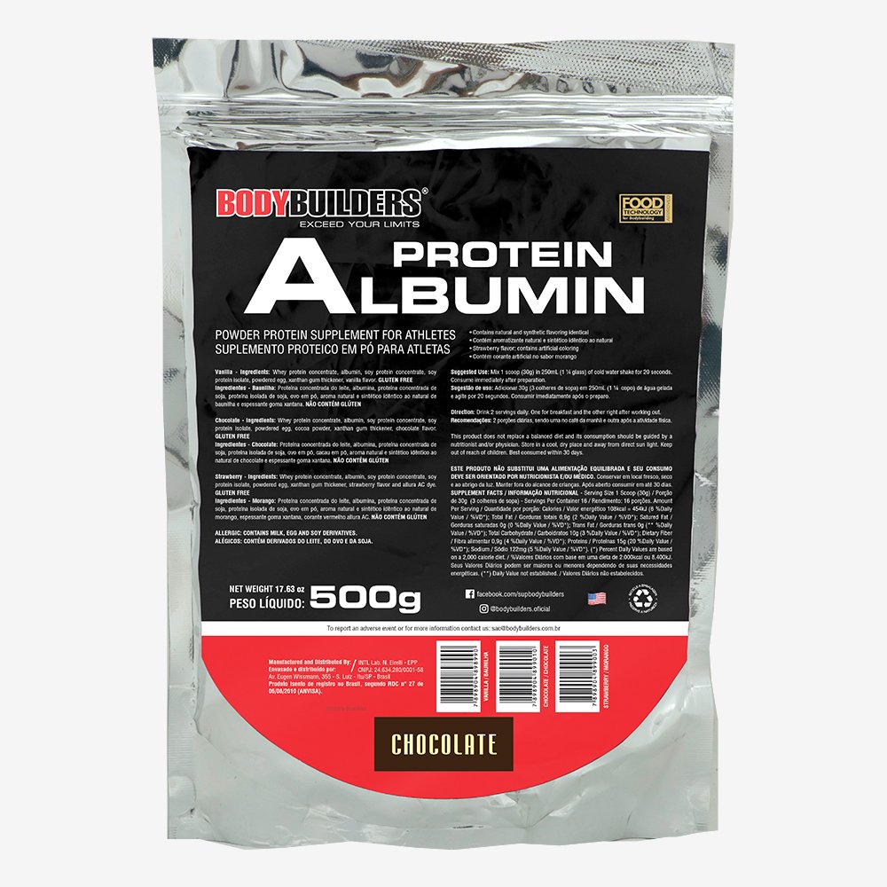 Kit Promocional Embalagem c/ 20 unid. Albumina do ovo Protein 500g (Refil) Chocolate ¿ Bodybuilders