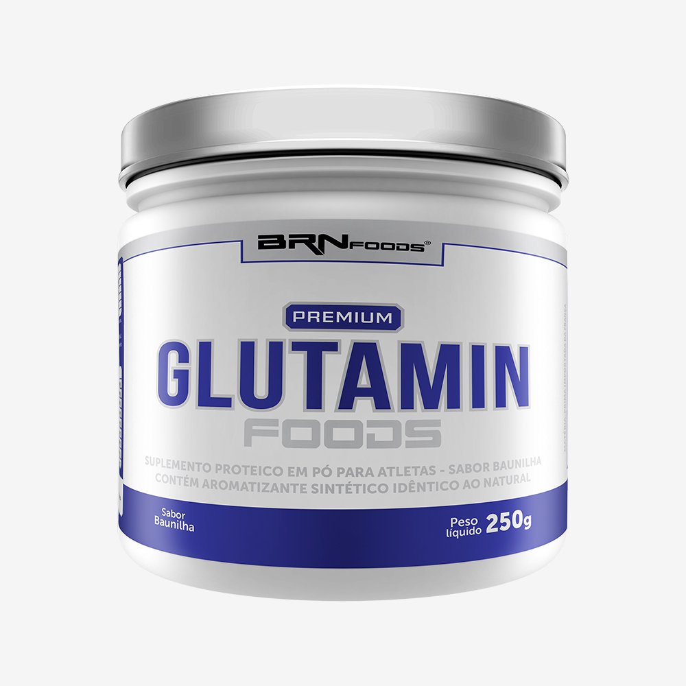Kit Promocional Embalagem c/ 12 unid. Glutamina - GLUTAMIN PREMIUM FOODS - 250 g - Sabor Baunilha ¿ BRNFOODS