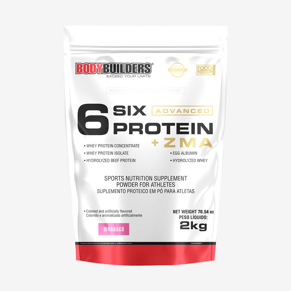 Kit Promocional Embalagem c/ 4 unid 6 Six Protein Advanced c/ ZMA 2kg Morango ¿ Bodybuilders
