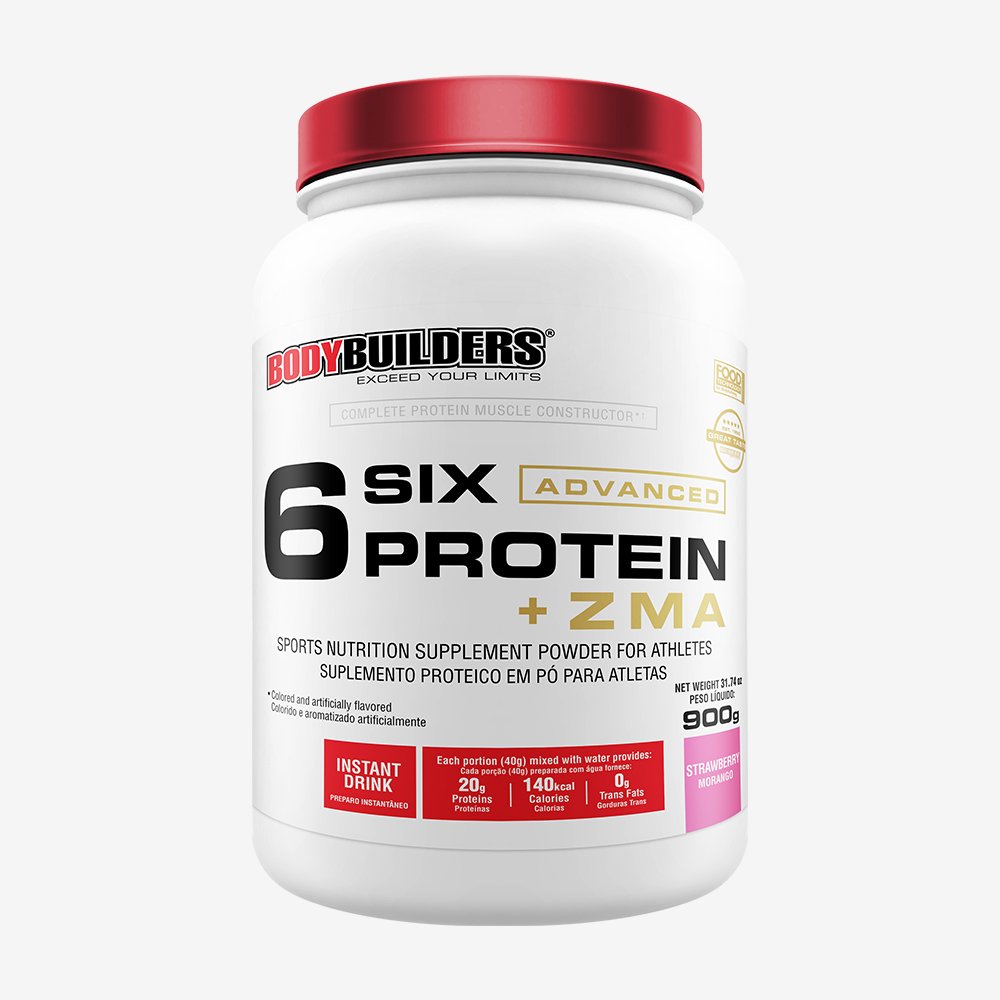 Kit Promocional Embalagem c/ 6 unid 6 SIX PROTEIN ADVANCED C/ ZMA BODYBUILDERS POTE 900g MORANGO