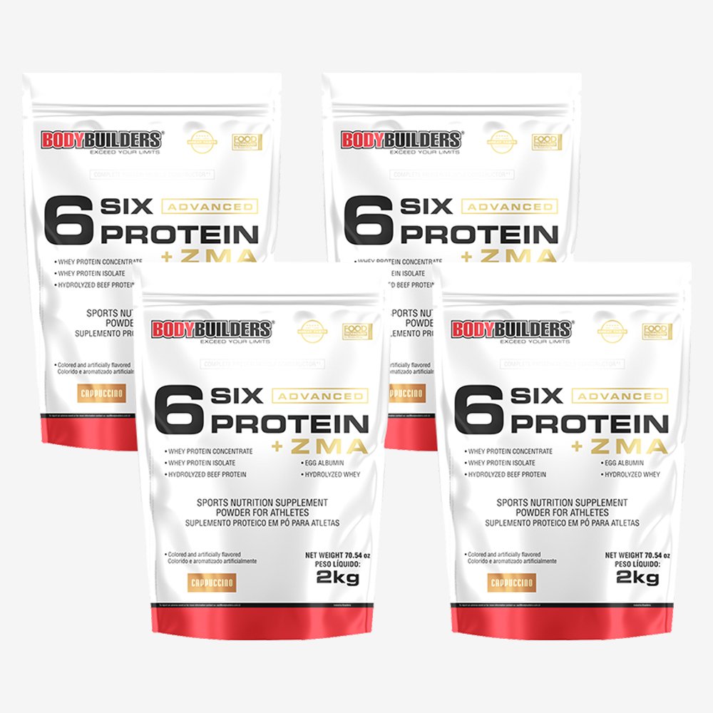 Kit Promocional Embalagem c/ 4 unid 6 Six Protein Advanced c/ ZMA 2kg Cappuccino ¿ Bodybuilders