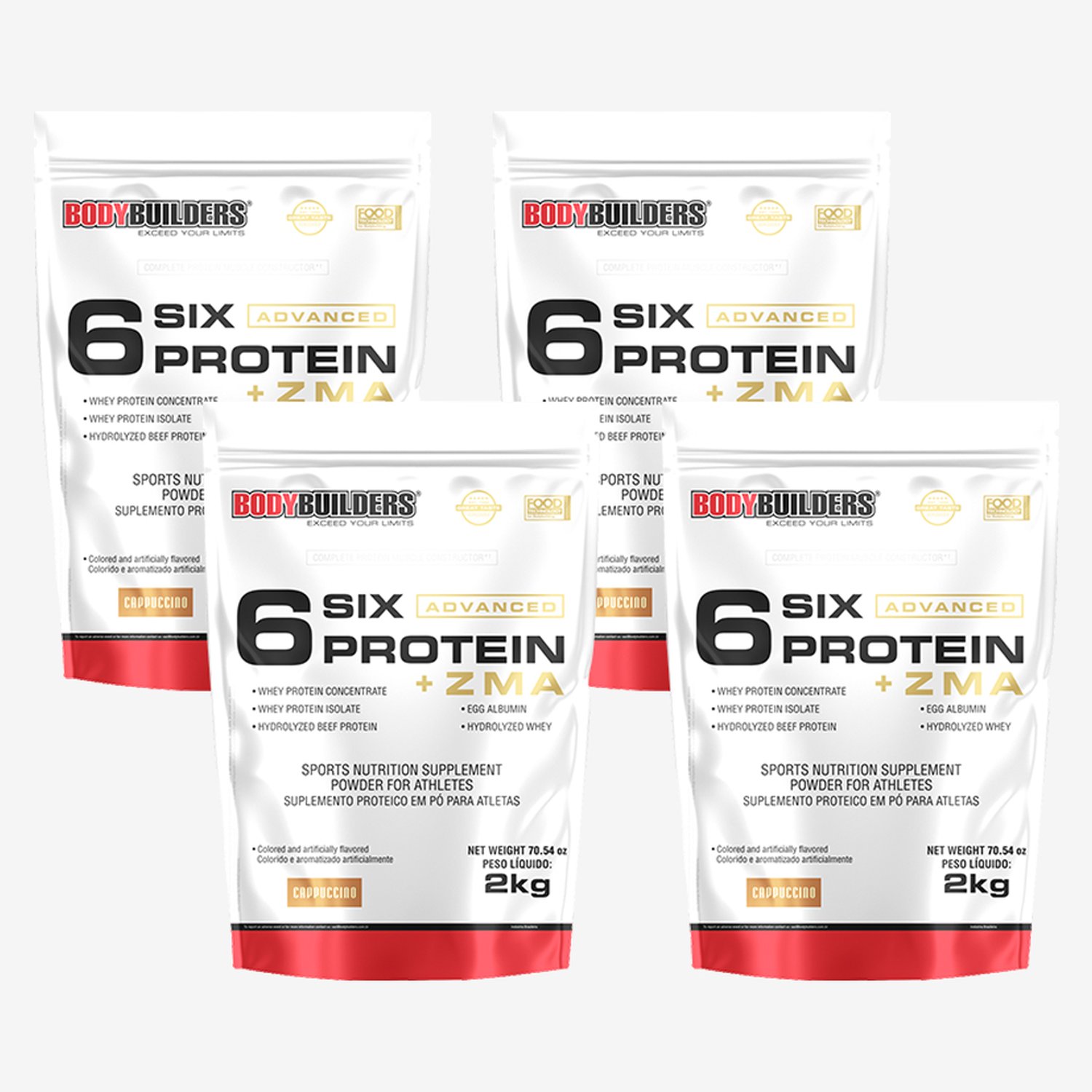 Kit Promocional Embalagem c/ 4 unid 6 Six Protein Advanced c/ ZMA 2kg Cappuccino ¿ Bodybuilders