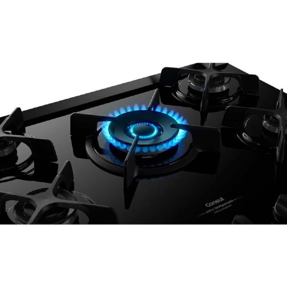 Fogão de Piso Consul 5 Bocas com Mesa de Vidro e Grades Individuais de Ferro Fundido Preto CFS5VAE ¿ Bivolt