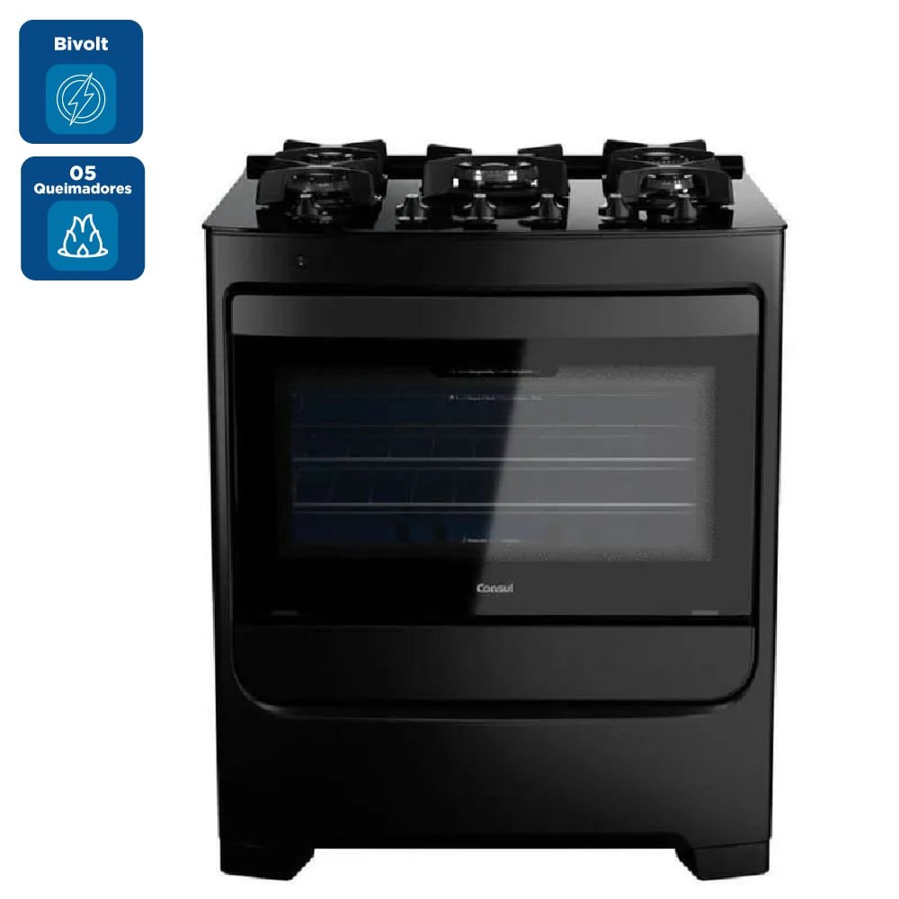 Fogão de Piso Consul 5 Bocas com Mesa de Vidro e Grades Individuais de Ferro Fundido Preto CFS5VAE ¿ Bivolt
