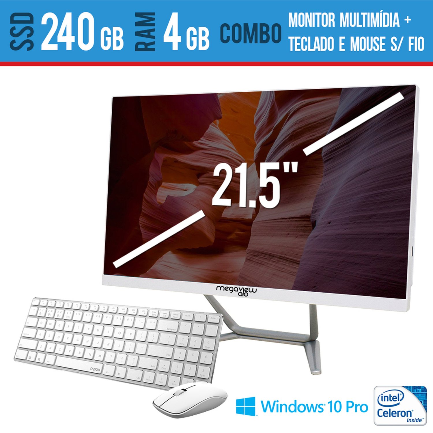 Computador All In One 21,5 Multimidia 4GB SSD 240 GB Teclado e Mouse Sem fio Windows Pro